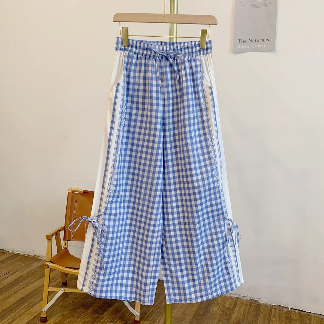 海盐Y2848格纹蕾丝边侧边蝴蝶结松紧腰系带阔腿裤