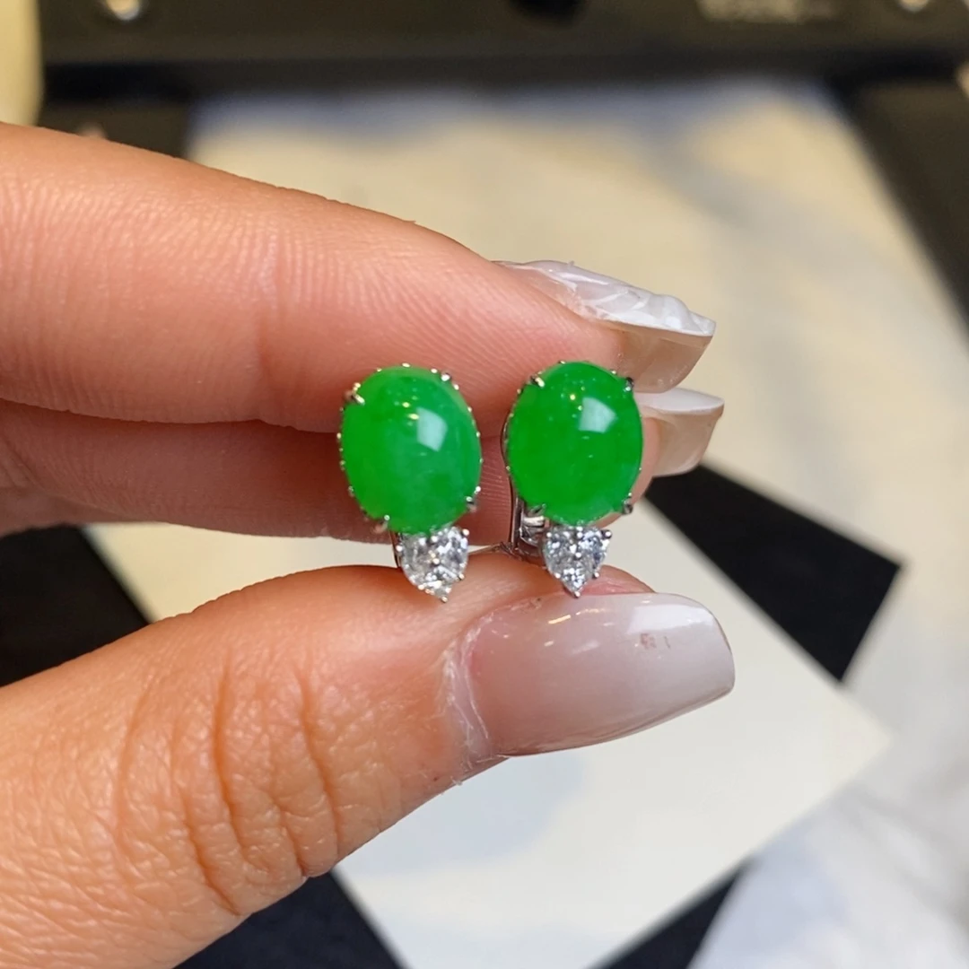 翡翠耳饰18K金镶嵌设计款蛋面耳拍