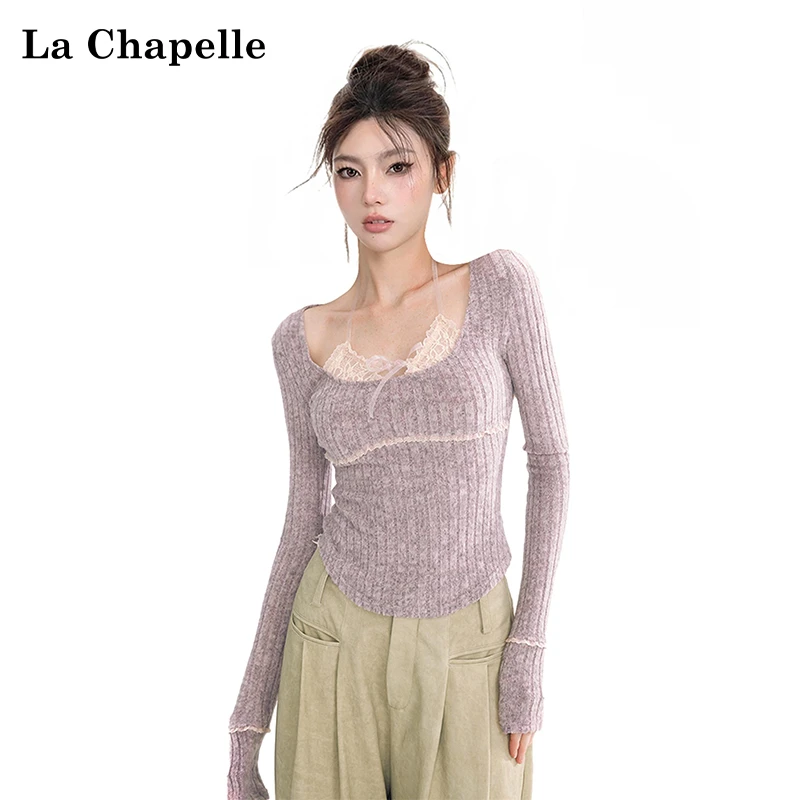 拉夏贝尔秋季纯欲假两件蕾丝花边挂脖长袖打底衫设计修身内搭上衣