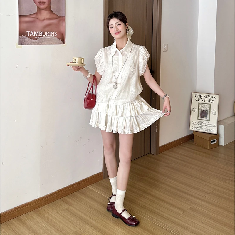 气质甜美花苞袖衬衫蛋糕短裙女装2025夏季新款辣妹时尚套装