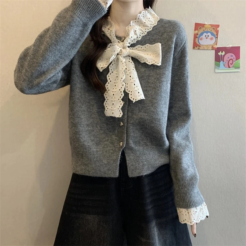 甜美减龄蕾丝蝴蝶结针织衫女秋冬高级感气质软糯毛衣亮色打底上衣