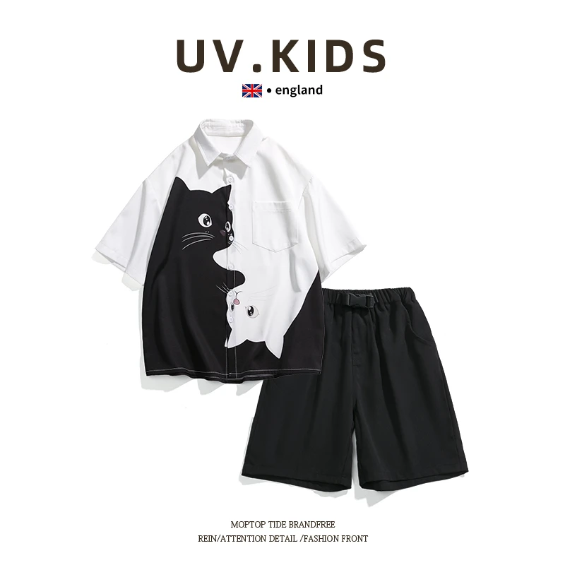 小猫咪黑白撞色设计感男女童夏季宽松休闲衬衣T恤青少年短袖套装