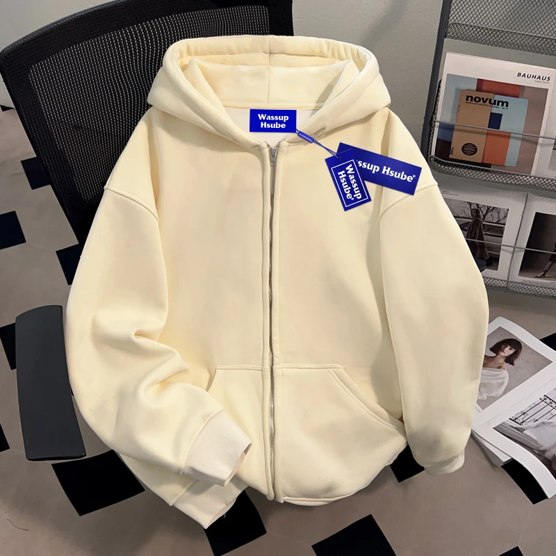 WASSUP HSUBE美式重磅纯色开衫连帽卫衣男女宽松休闲百搭上衣外套