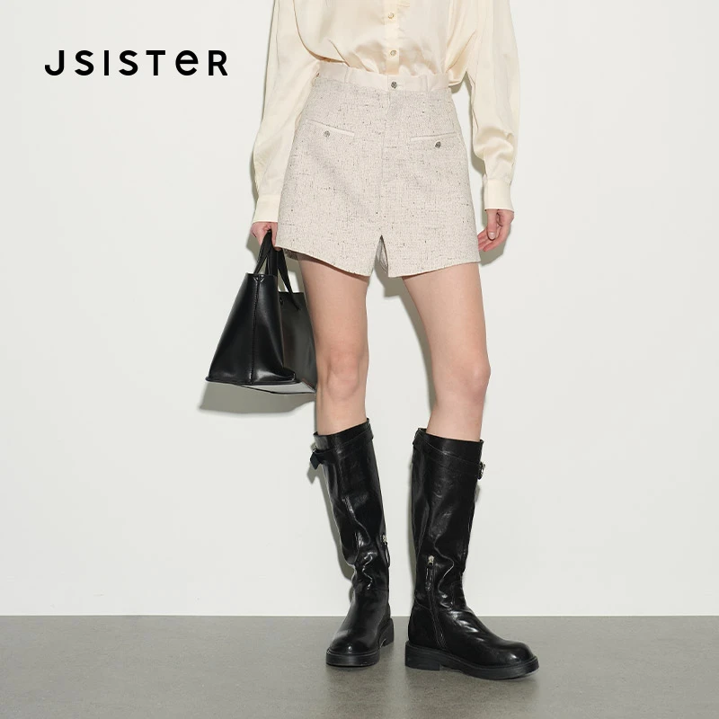 jsister 2025春装新款 JS女装时尚米色小香风毛呢气质直筒短裤 潮