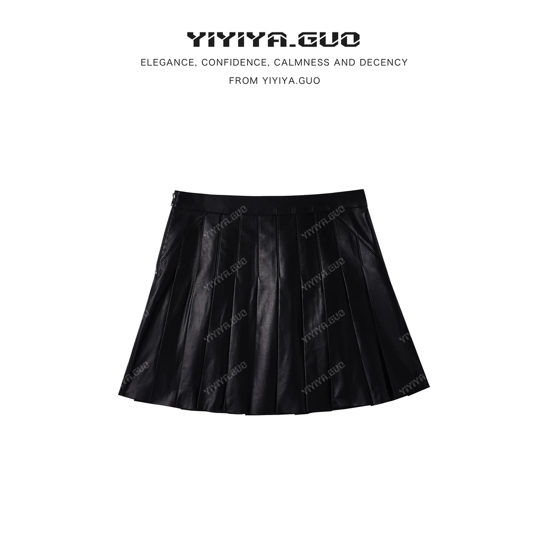 yiyiya.Guo艺艺吖秋冬新款常规腰百搭百褶半身皮裙080052SS52