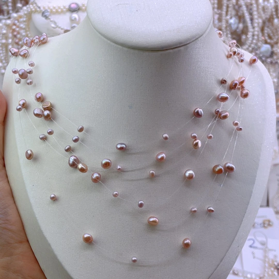 未镶嵌淡水珍珠耳饰6层满天星粉紫色