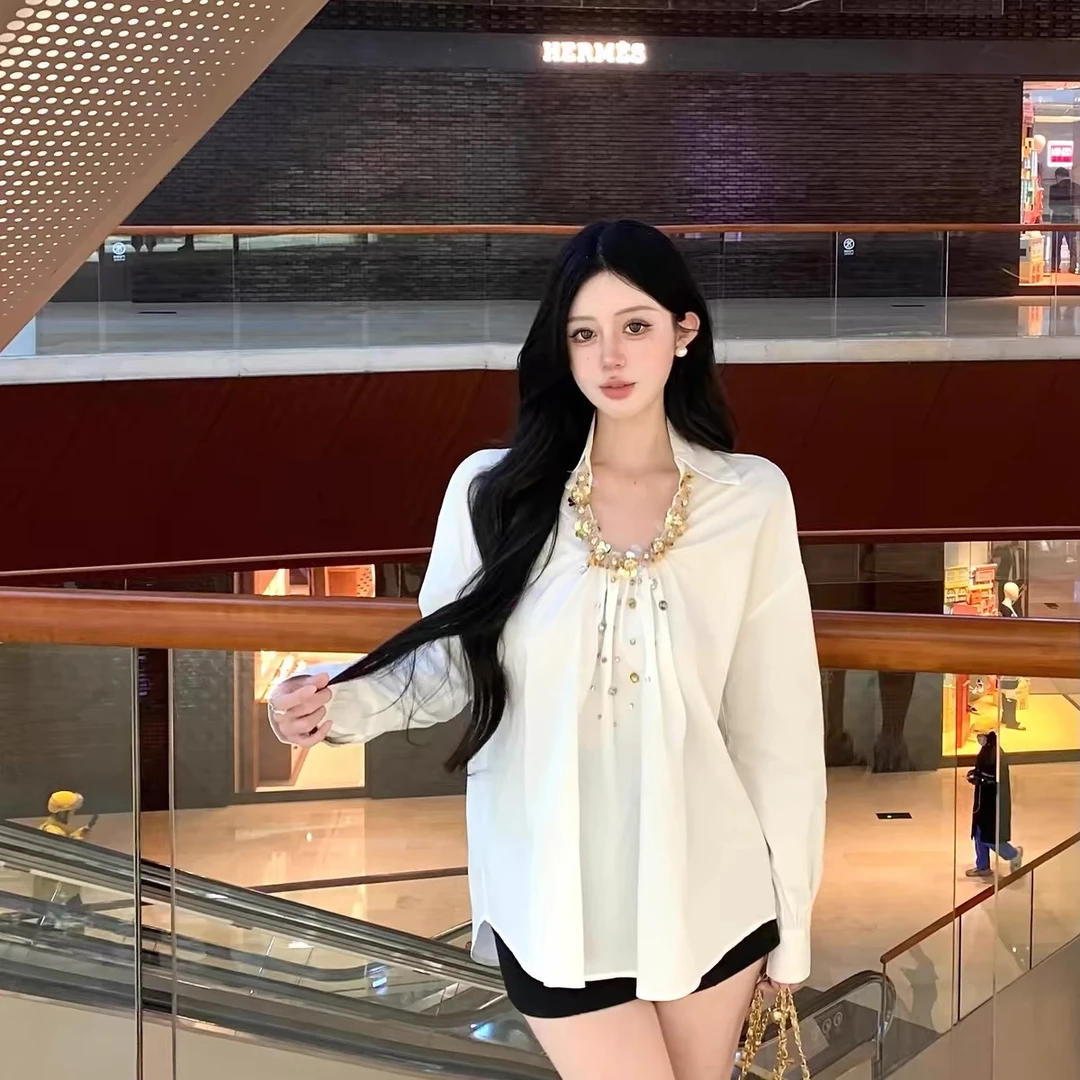 微胖MM法式重工钉珠翻领衬衫春夏设计感小众中长款上衣潮