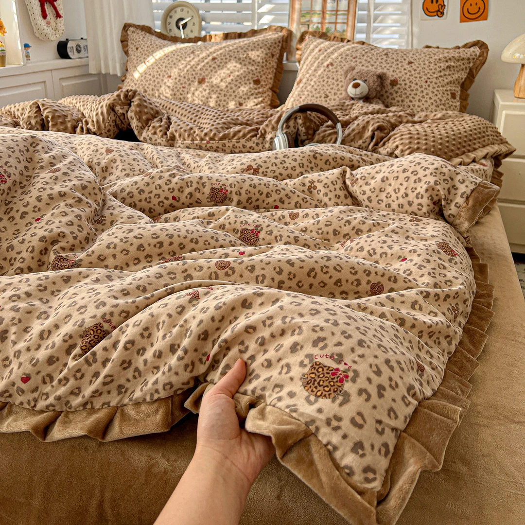 秋冬ins’A面全棉双层纱B面豆豆绒加厚四件套花边被套加绒床单床笠