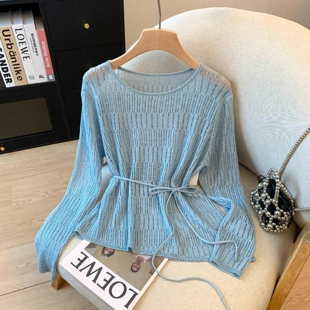 系带针织衫女宽松收腰镂空轻薄慵懒风蓝色2025防晒罩衫镂空上衣瘦