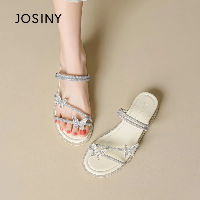 卓诗尼水钻凉鞋女夏季2025新款法式小凉拖半拖鞋一脚蹬沙滩平底鞋