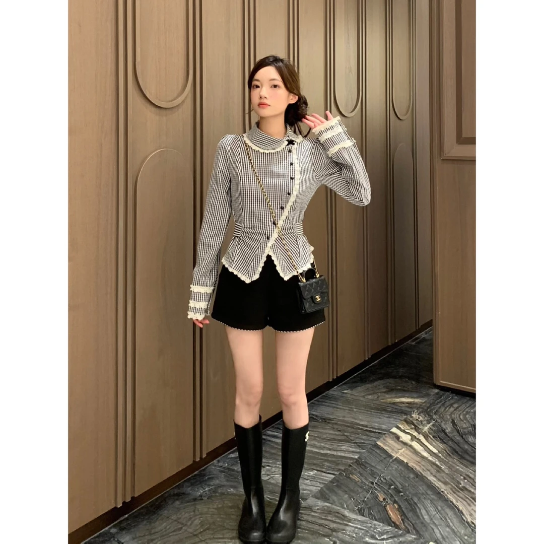 [ 乌木沉香 ] 减龄少女格纹斜襟娃娃领显瘦衬衣+短裤Y1216Y1183