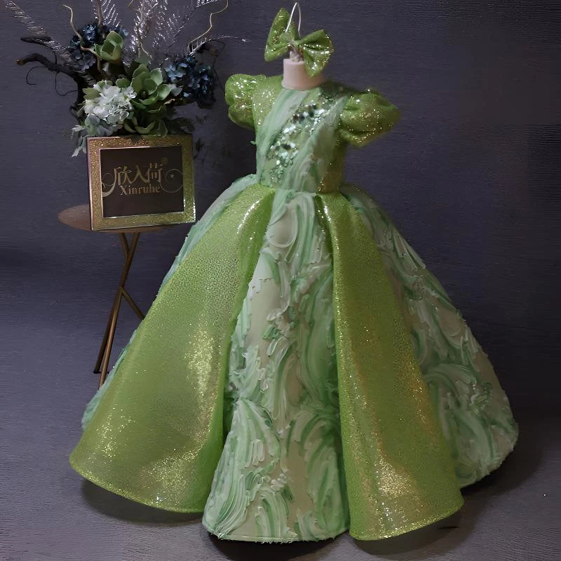 欣入荷绿色六一主持合唱生日聚会拍摄元旦演出长款蓬蓬裙女童礼服