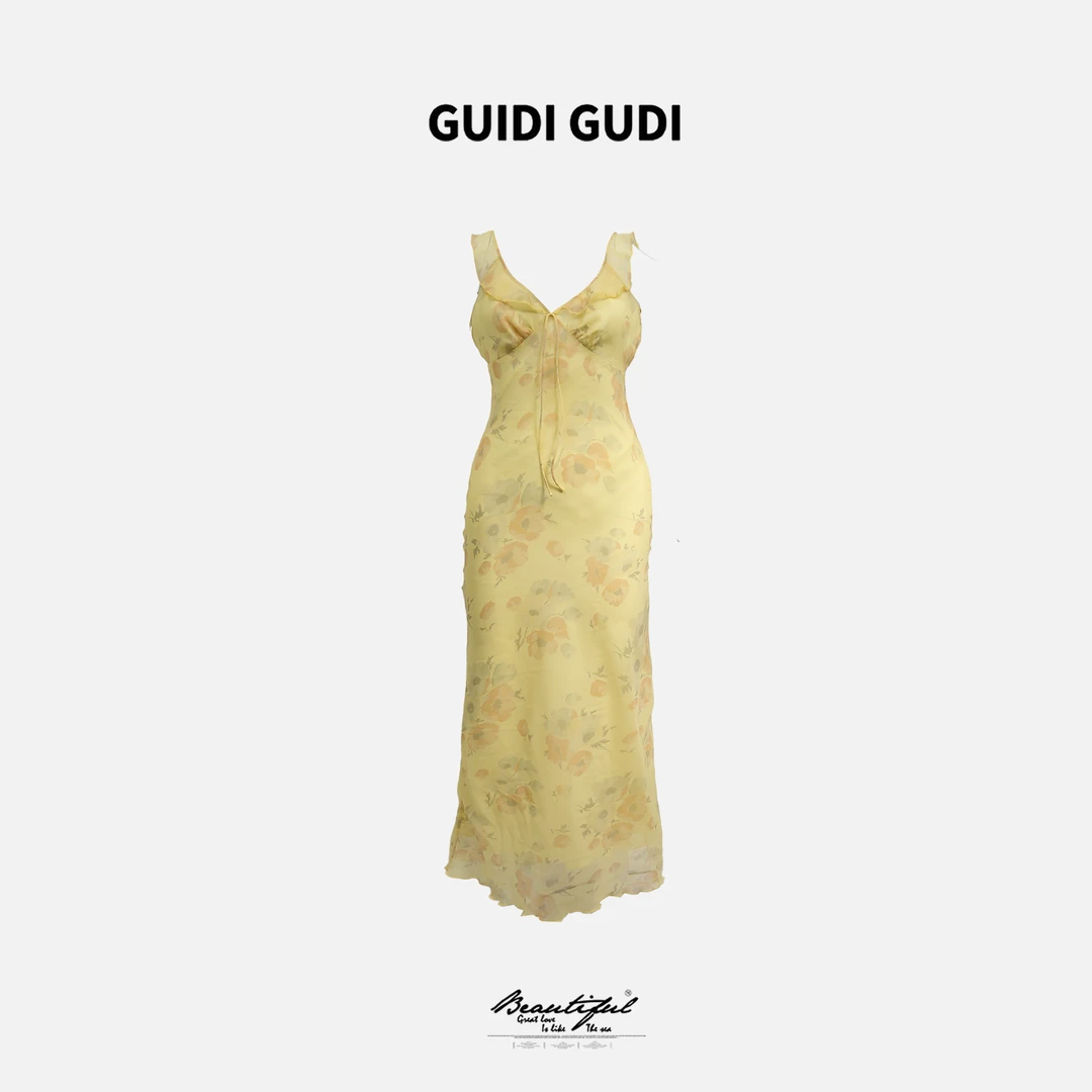 GUIDI GUDI【更好的人】黄加蓝国风碎花无袖吊带连衣裙 L9510905CH