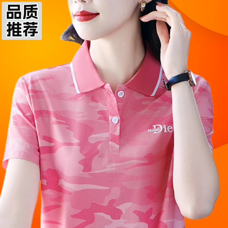 新款潮流妈妈短袖t恤女夏季印花宽松母亲节上衣休闲运动polo衫OL