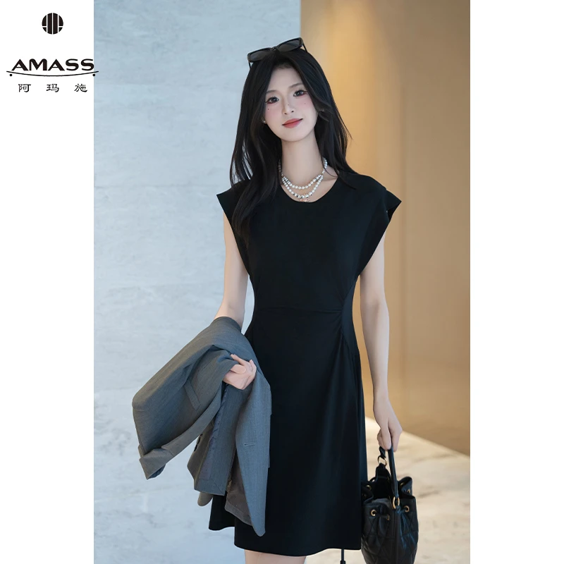 AMASS/阿玛施夏季圆领收腰气质飞飞袖连衣裙时尚设计小黑裙550032