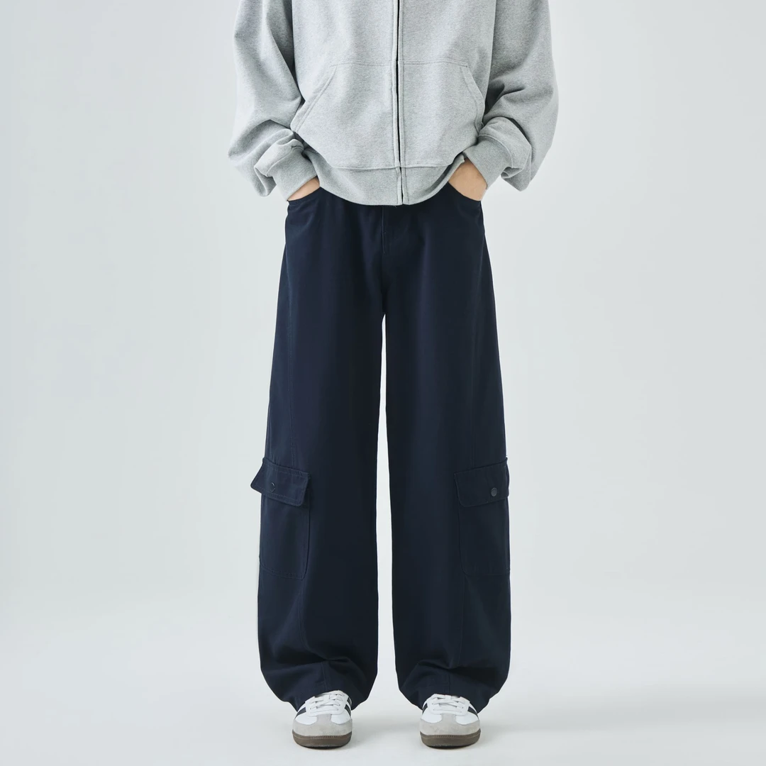 2025夏季新款美式藏蓝色工装休闲裤男宽松直筒男女同款长裤子vibe