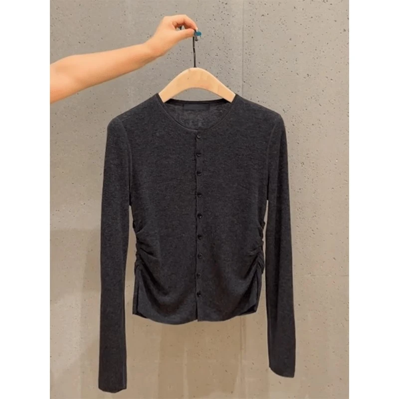 百搭深灰色单排扣宽松薄款长袖针织开衫女春秋款简约休闲微透上衣