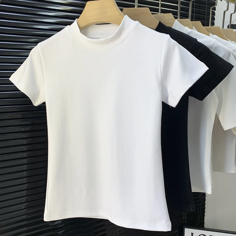 白色半高领短袖t恤女2025夏季新款内搭半袖修身显瘦中领百搭上衣