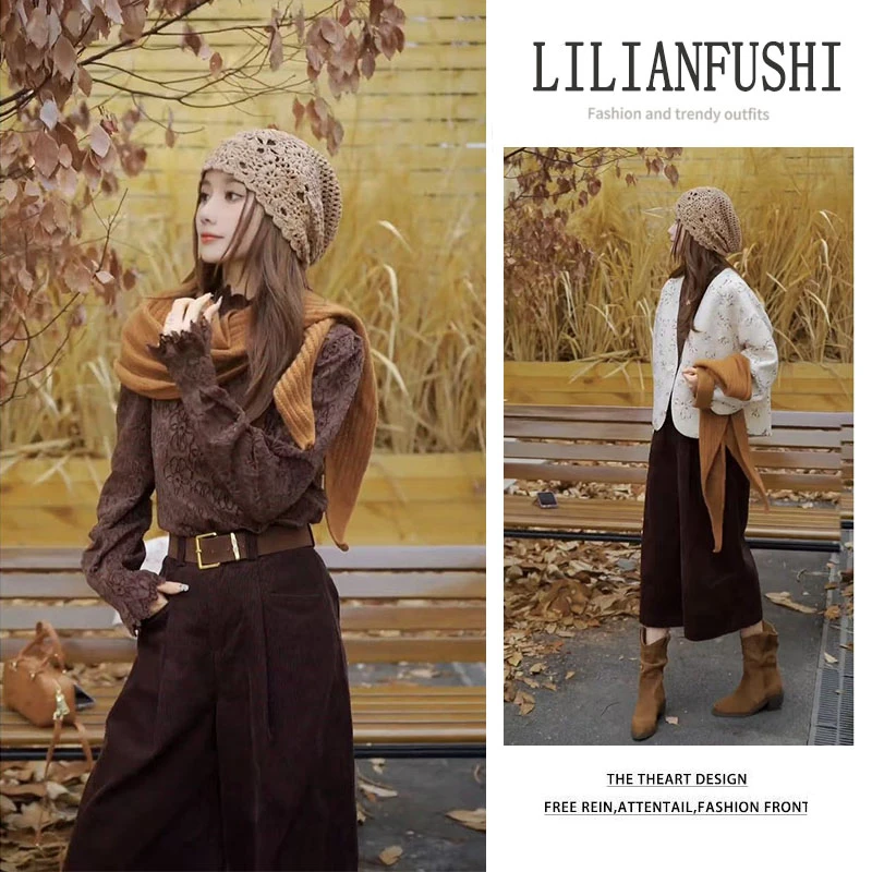 秋季穿搭2025新款韩版时尚宽松外套蕾丝长袖上衣显瘦阔腿裤三件套