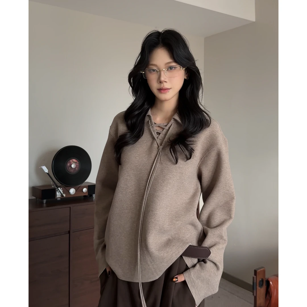 MAYU 老钱风高定绵羊毛绑带设计空气层打底长袖上衣