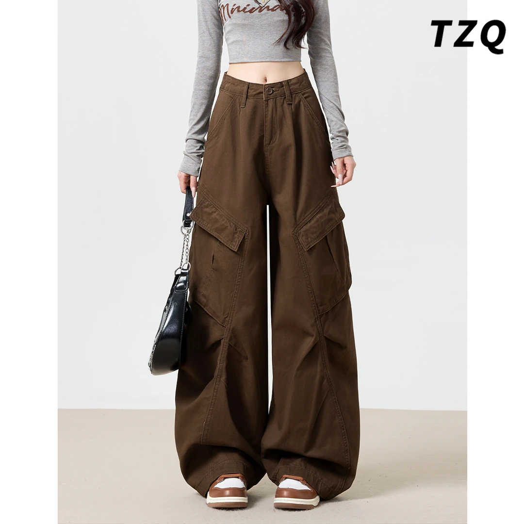 摩卡棕工装多口袋牛仔裤女2025新款显瘦百搭阔腿长裤秋TZQ2581536