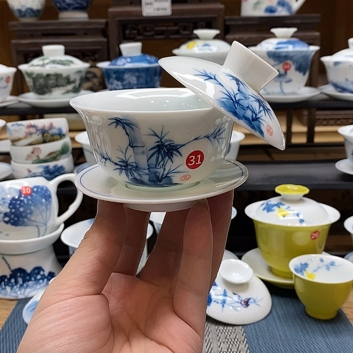 手绘微瑕竹子盖碗