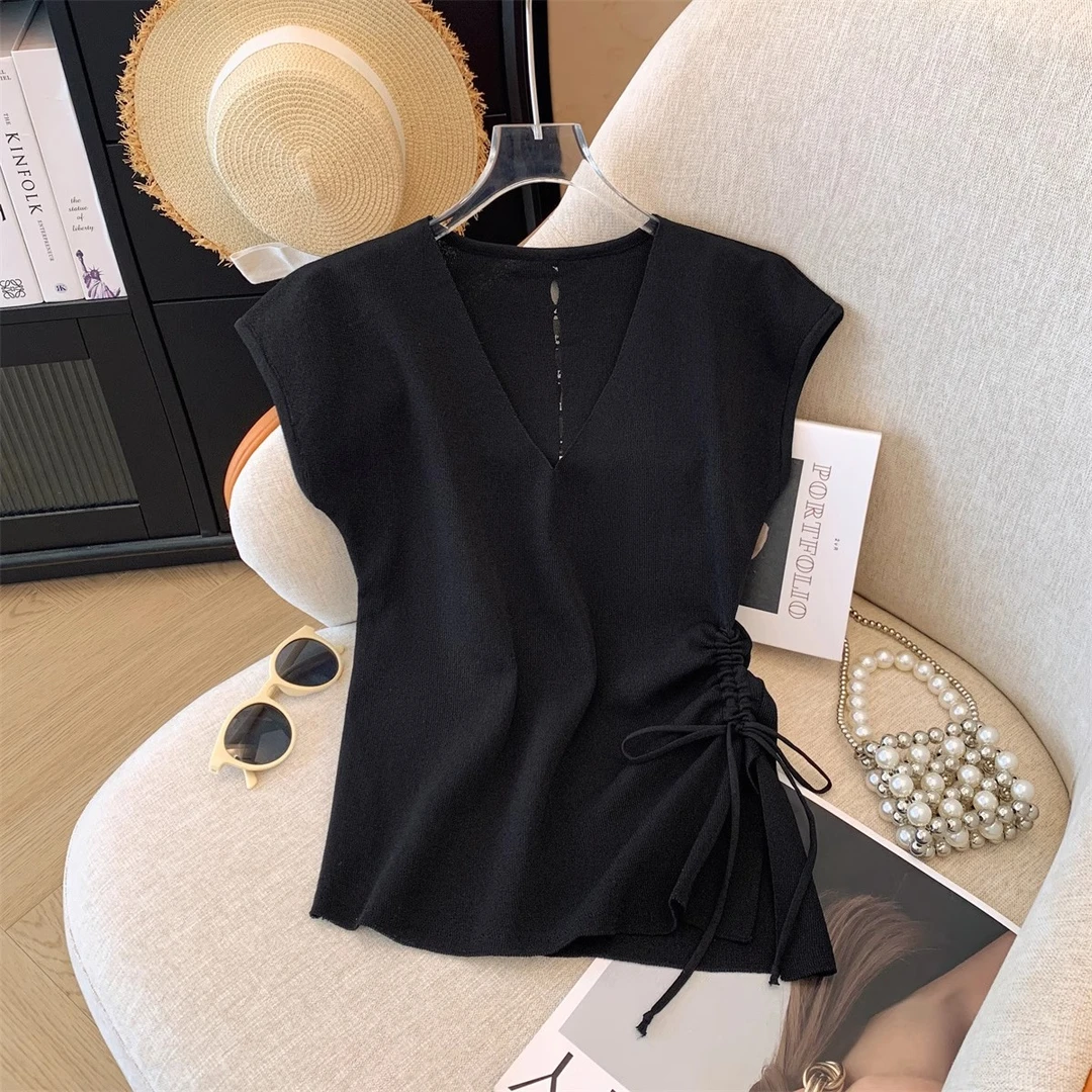 休闲V领短袖T恤女2025夏季新款抽绳收腰不规则坎肩别致针织上衣女