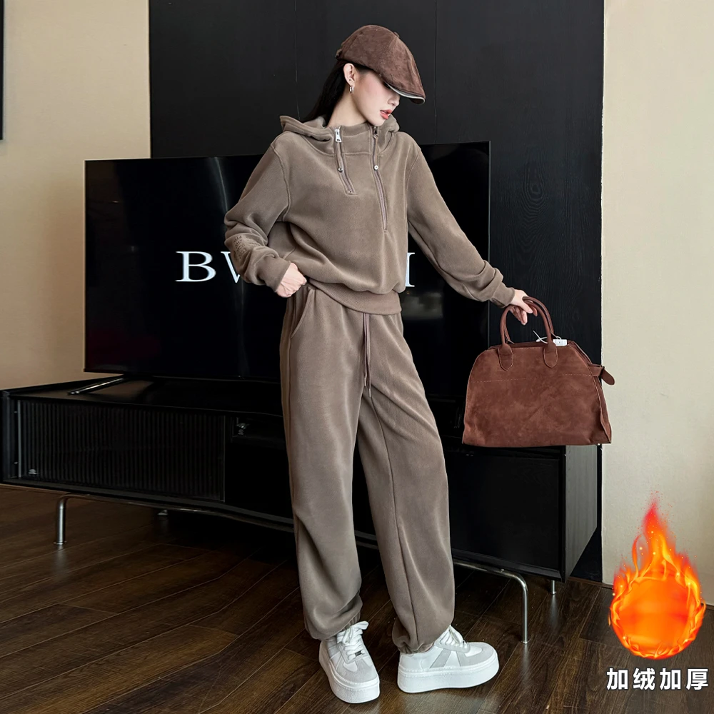 欧货潮牌休闲运动套装女微胖显瘦遮肚子高颜值跨年加绒加厚两件套