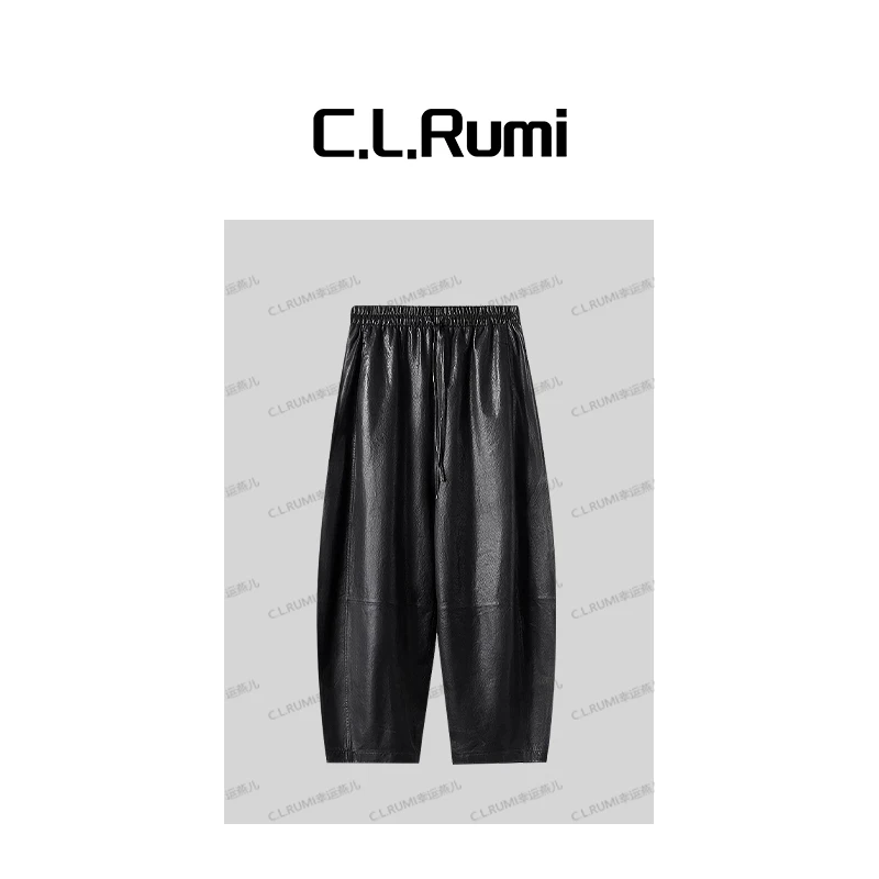 【Rumi精选】“黑爵”复古摩登全植鞣绵羊皮通勤松紧腰阔腿皮裤7336kz