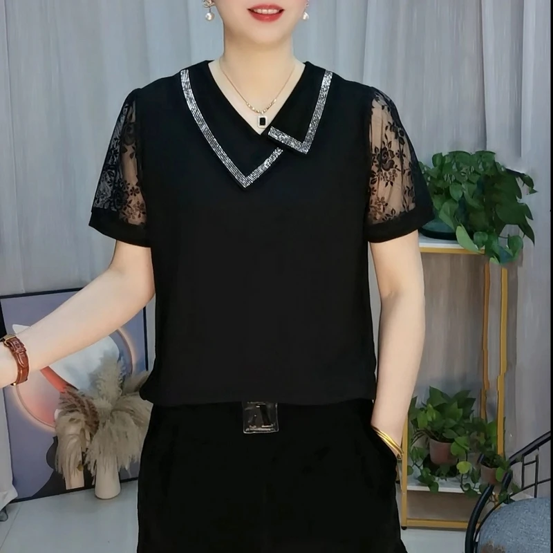夏季新款时尚洋气花边袖娃娃领T恤上衣小衫