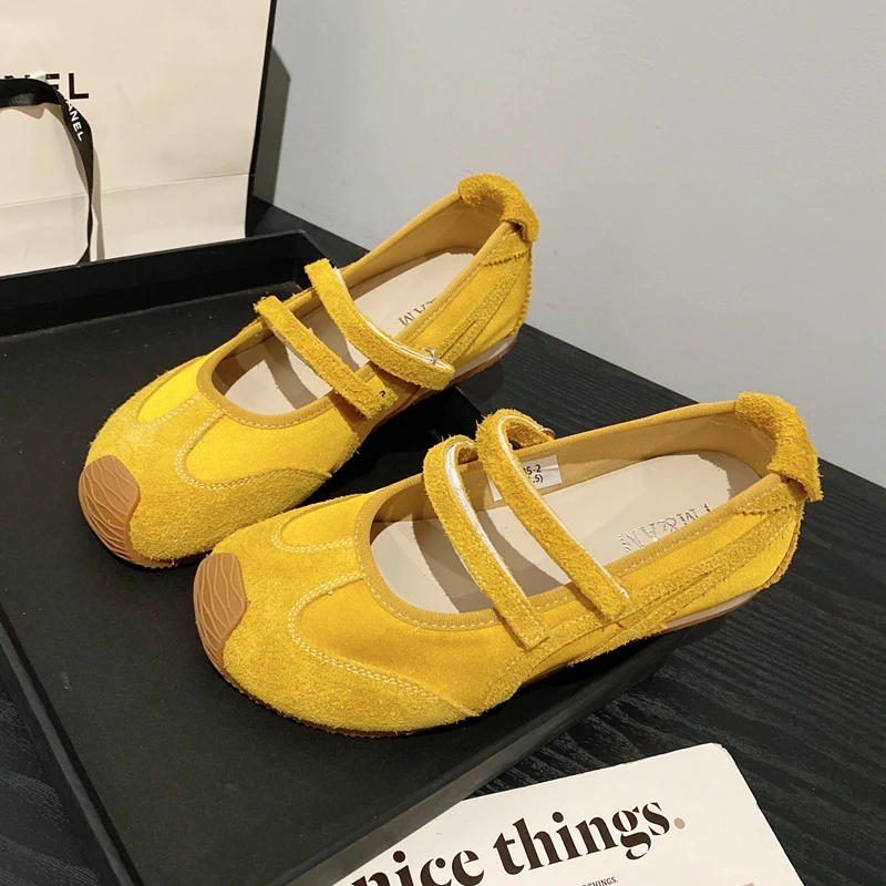 2025年新款磨砂牛皮拼接面复古圆头一字带玛丽珍鞋女休闲运动鞋