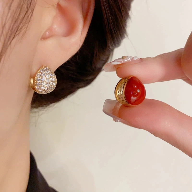铜合金锆石耳饰 气质红色双面水滴形轻奢时尚百搭爆款耳坠耳钉108