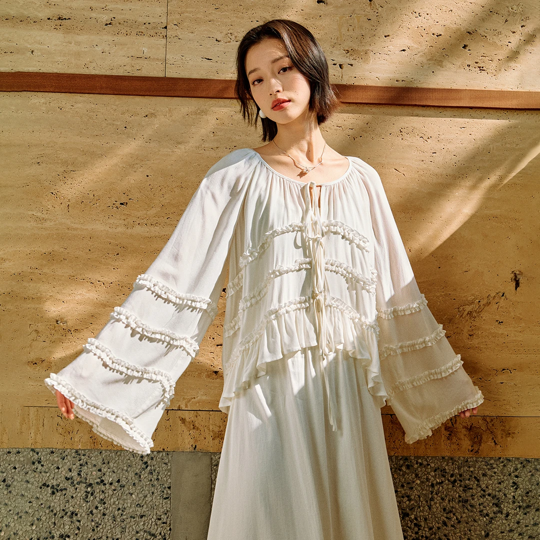【欧若假日风】茵曼2025年春夏季假日风衬衫立体花边系带衬衣