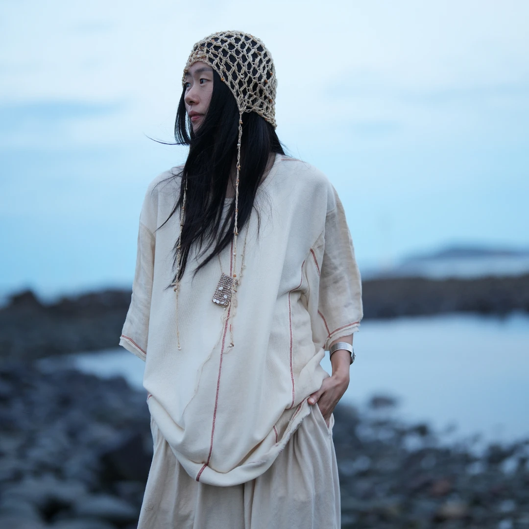 几见 原创设计夏季茶染短袖t恤圆领透气宽松休闲上衣复古风W52333