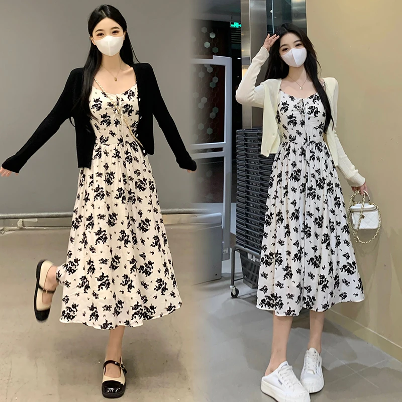 【小曹大码】碎花吊带连衣裙+百搭针织开衫上衣两件套-XCYR9001