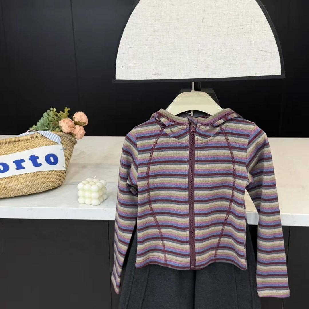 【现货】leomama女童秋装新款中大儿童时尚长袖连帽T恤条纹开衫上衣