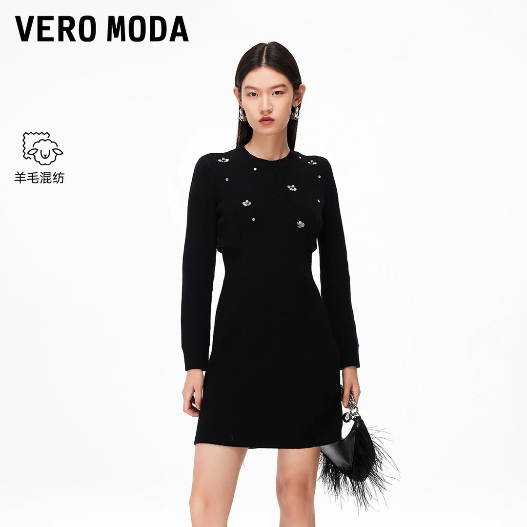 Vero Moda连衣裙2025秋冬新款圆领亮钻装饰收腰针织短裙老钱风