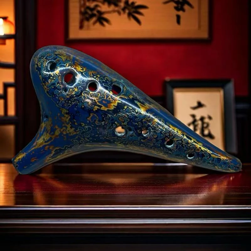 澜陵陶笛12孔天然犀皮大漆7件  演奏级乐器李子柒同款工艺 蓝色