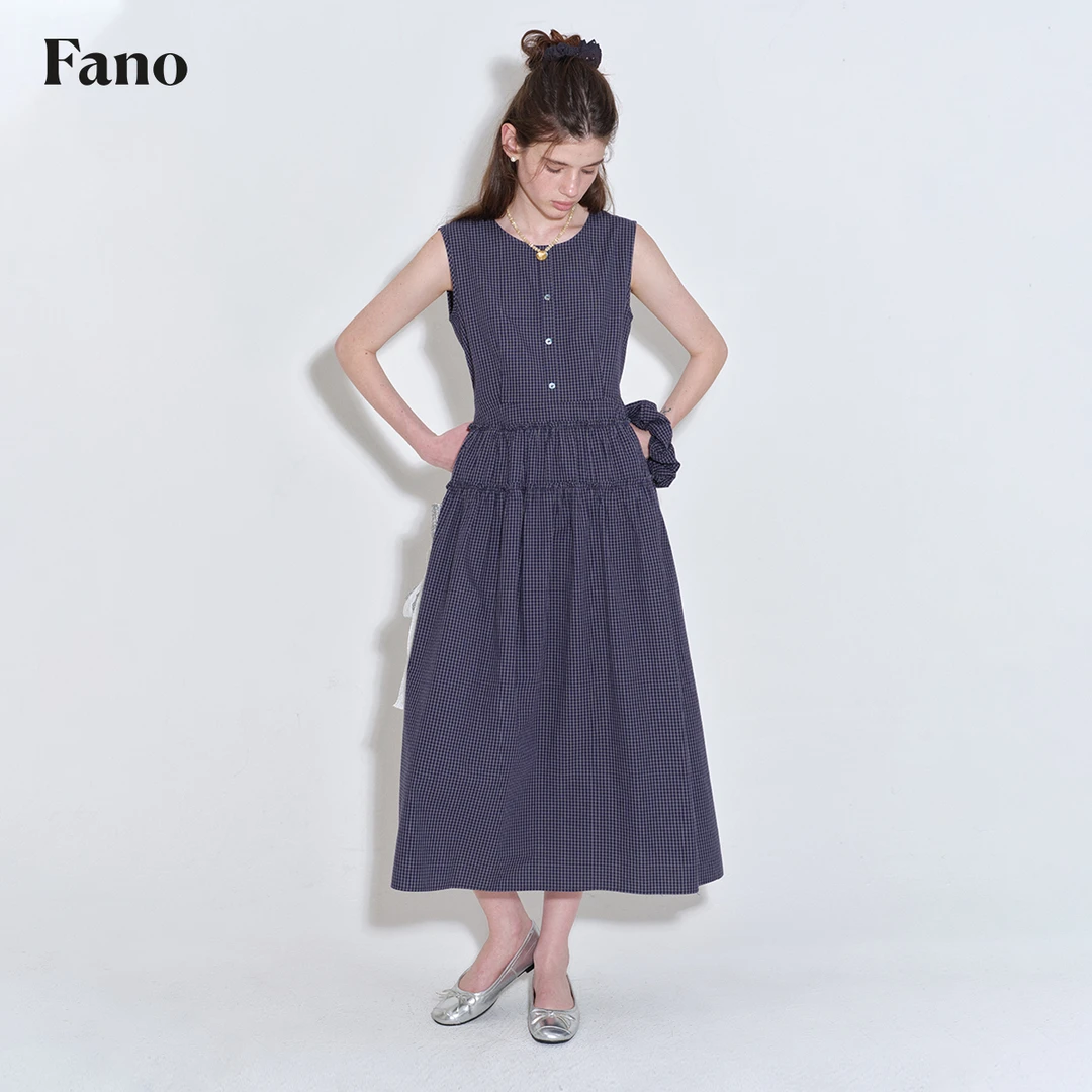 6.6上新 少女感miu格“腰部抽褶木耳边”格纹长裙 送头花FQ25L043