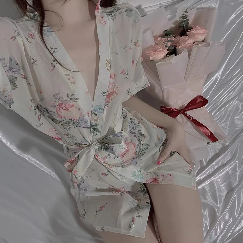 日式性感束腰和服激情新款印花雪纺制服套装浴袍睡衣套装