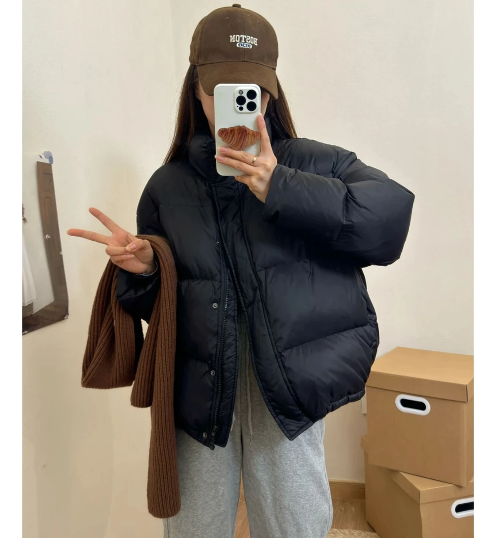 短款宽松型基础款立领常规女士短款纯色白鸭绒厚款面包服羽绒服