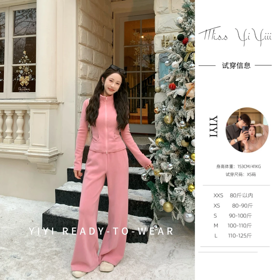 【人间水蜜桃】<YiYiii>小个子巨好看高级粉双面绒休闲运动上衣裤子