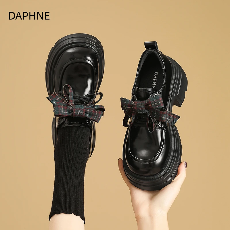 达芙妮2025新款英伦风圆头系带休闲风冬季加绒乐福鞋蝴蝶结校园风