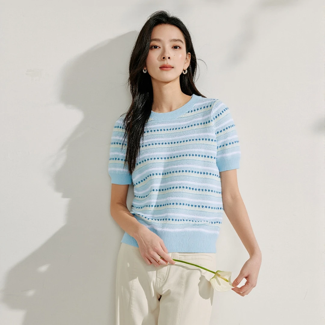 茵曼欧若风穿搭条纹短袖针织衫女2025夏季新款多巴胺休闲薄款上衣