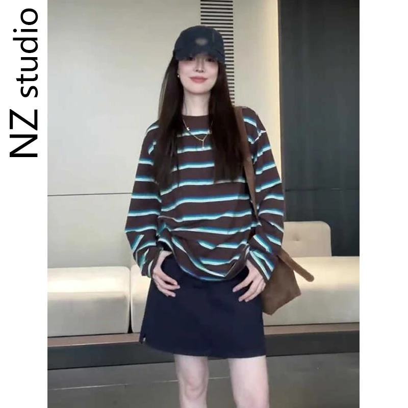 美式复古宽松慵懒条纹撞色长袖t恤女显瘦新款洋气别致高级感上衣