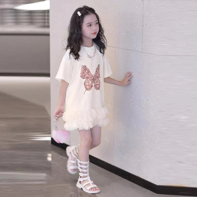 2025班纳格女童夏季短袖套装新款中大童公主风恤蝴蝶亮片两件套潮