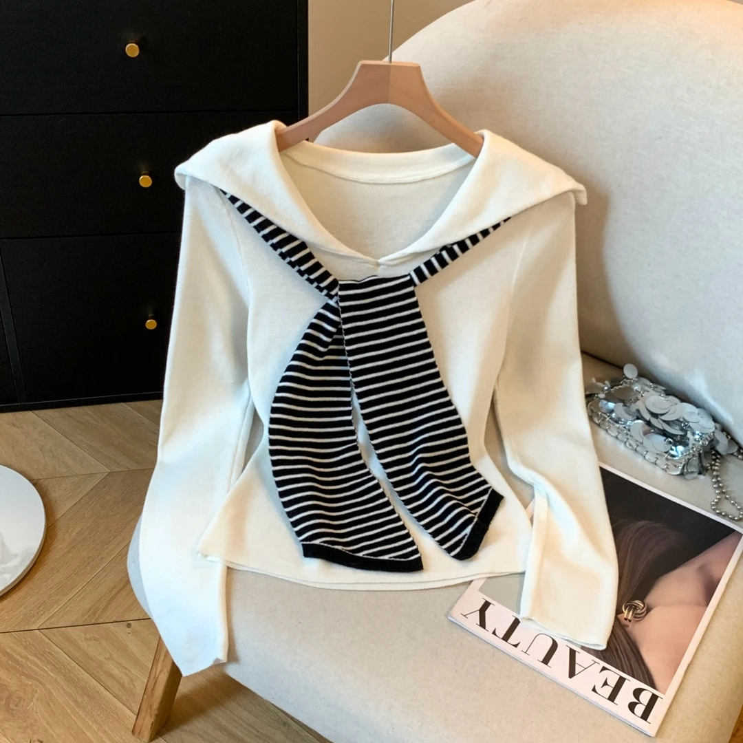 自留款推荐~韩系披肩条纹长袖针织衫女秋季新款减龄百搭打底上衣