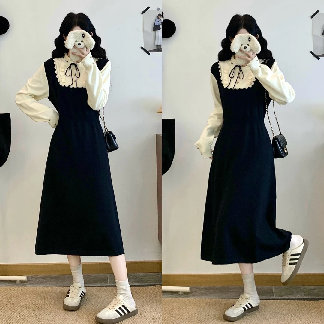 大码女装秋冬设计感拼接显瘦减龄假两件针织长裙打底连衣裙9008