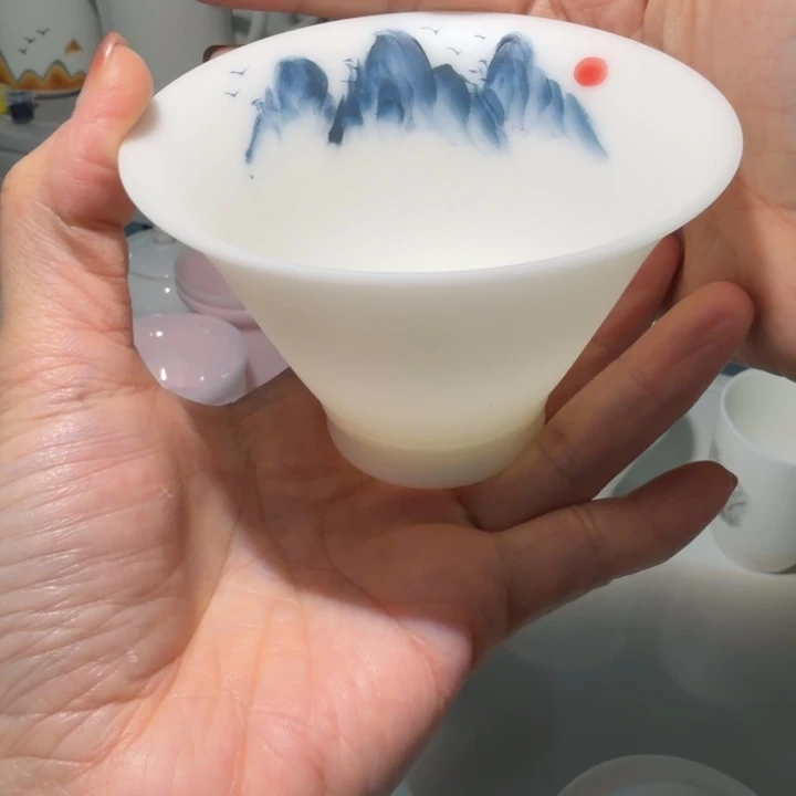 素烧冰种手绘内绘夕阳主人杯