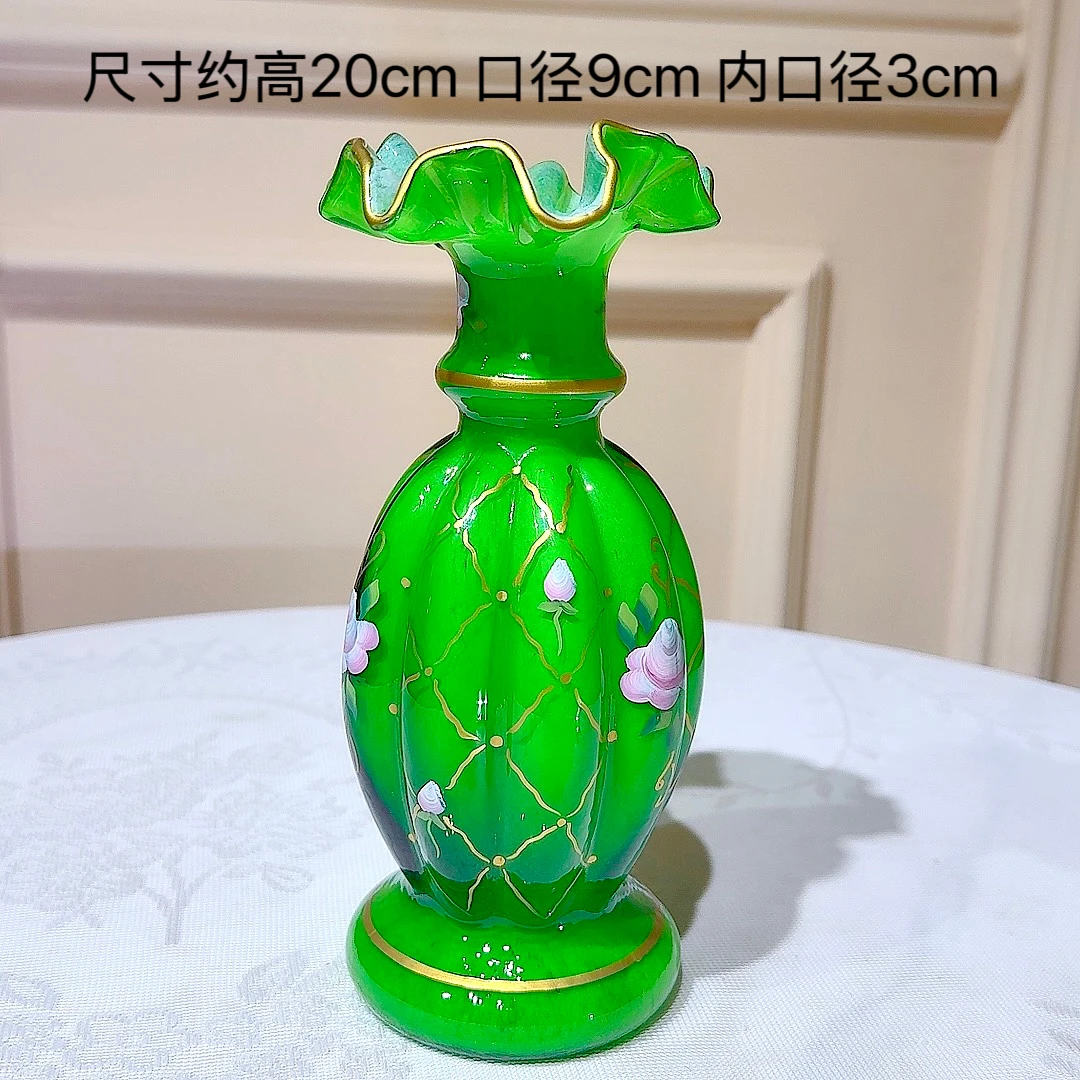 手绘款复古绿芬顿花瓶手工吹制琉璃中古风格花器
